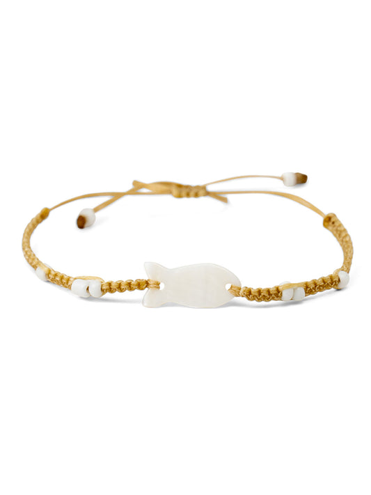 Mop Flat Fish With Glass White Beads Bracelet