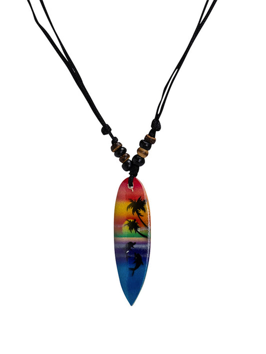 Panoramic Surfboard With Wood Beads Necklace