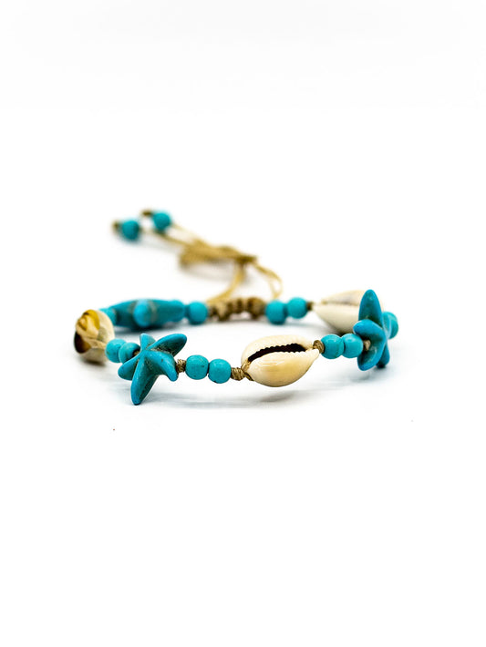 Cowrie And Turq Beads Starfish Bracelet