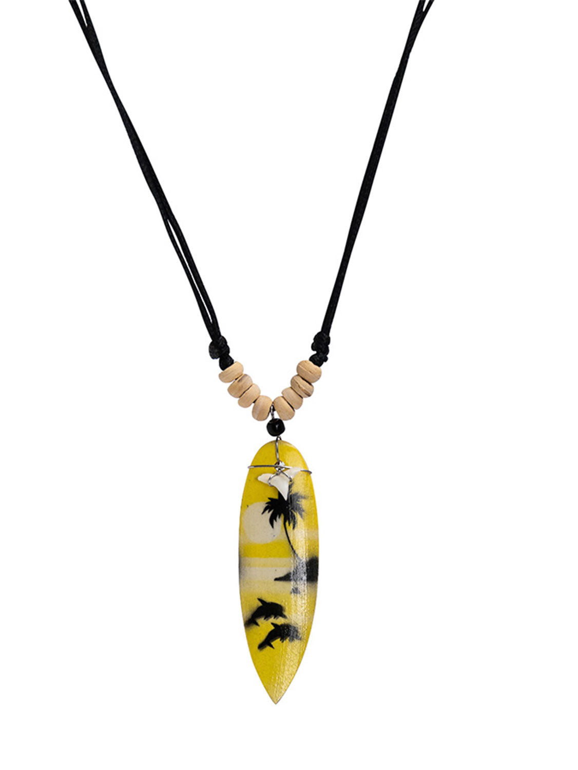 Yell Surfboard With Shark Tooth And Wood Beads Necklace